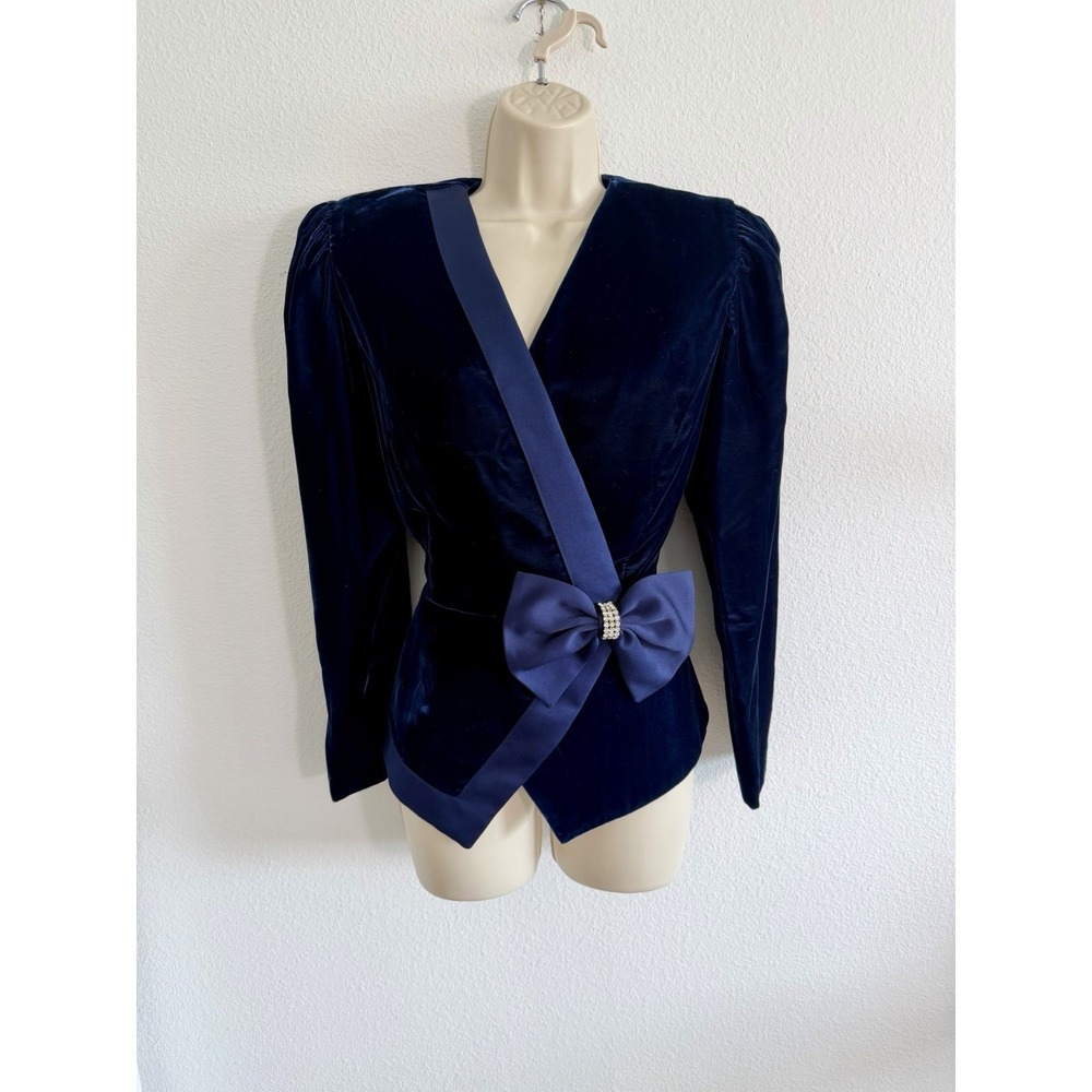 Vintage Donna Morgan Blazer Navy Velvet Rhinestone Bow Waist Jacket Sz 6 / Small